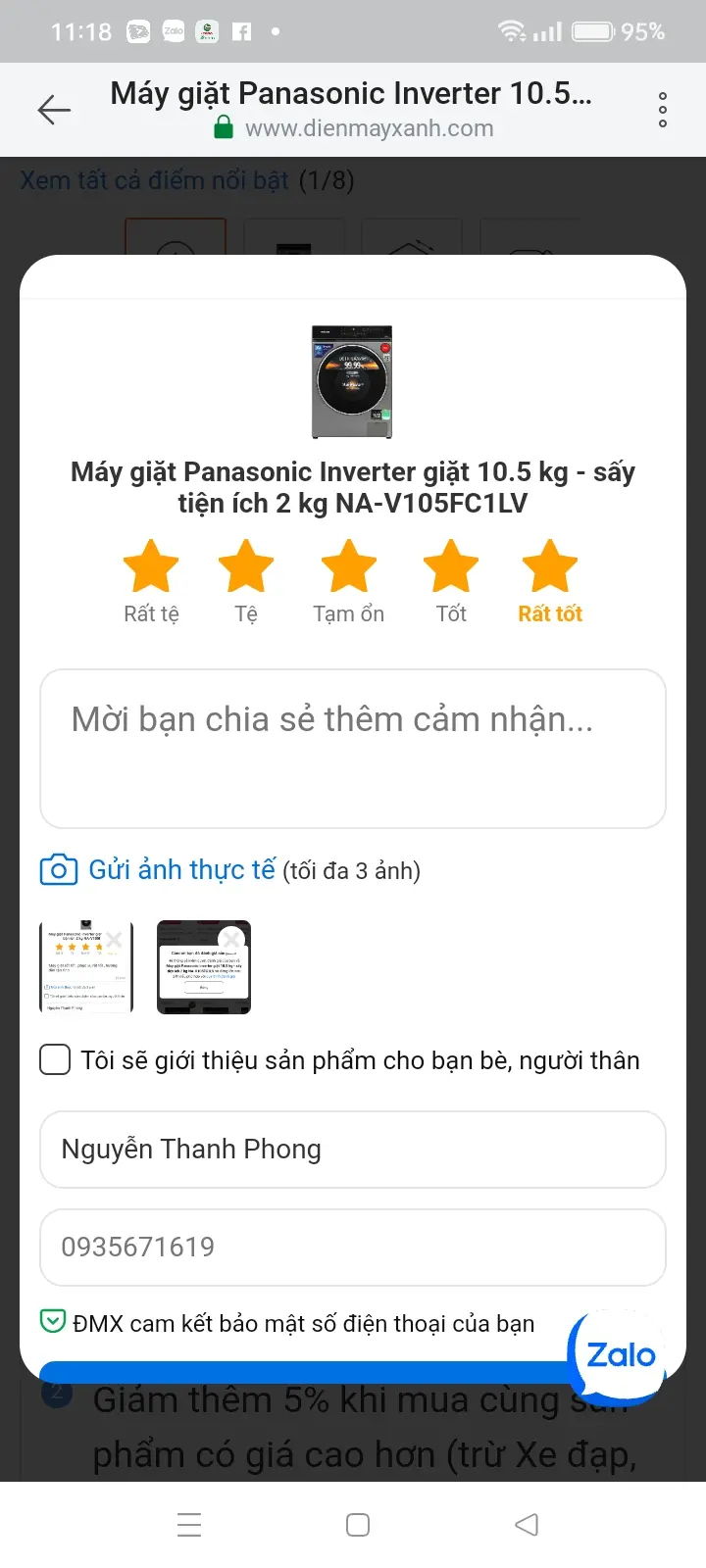 Khách hàng review Máy giặt Panasonic Inverter giặt 10.5 kg - sấy tiện ích 2 kg NA-V105FC1LV 13