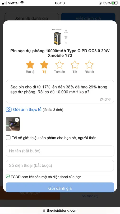 Khách hàng review Pin sạc dự phòng 10000mAh Type C PD QC3.0 20W Xmobile Y73 5