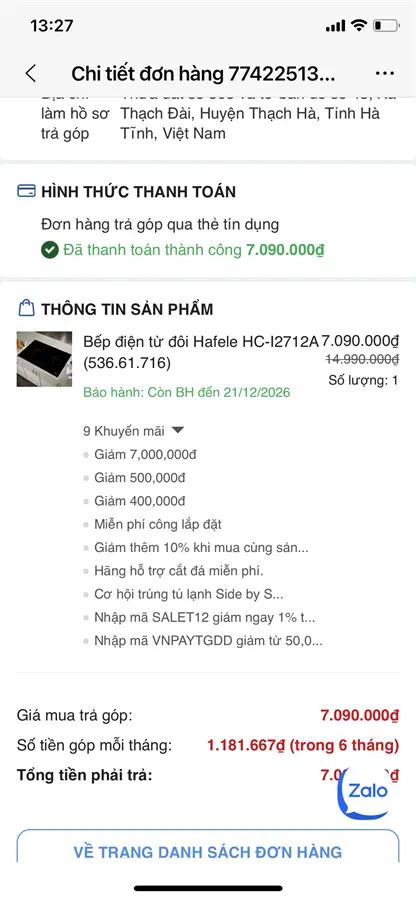 Khách hàng review Bếp từ đôi âm Hafele HC-I2712A (536.61.716) 4200W 7