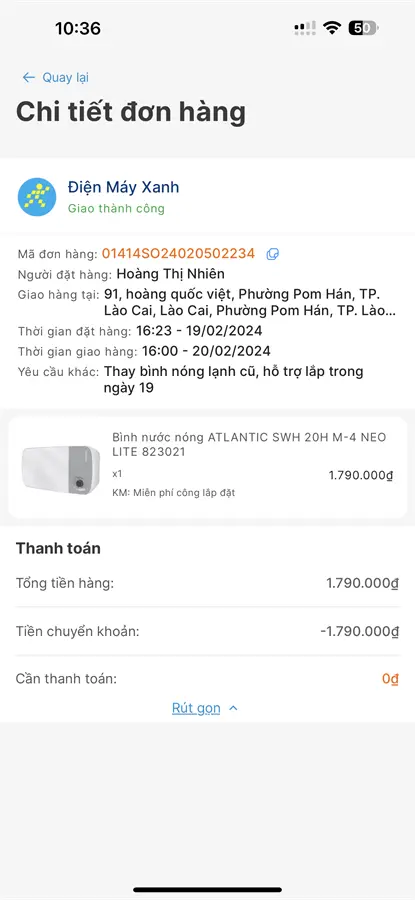 Khách hàng review Máy nước nóng gián tiếp Atlantic 20 lít NEO LITE 823021 SWH 20H M-4 2