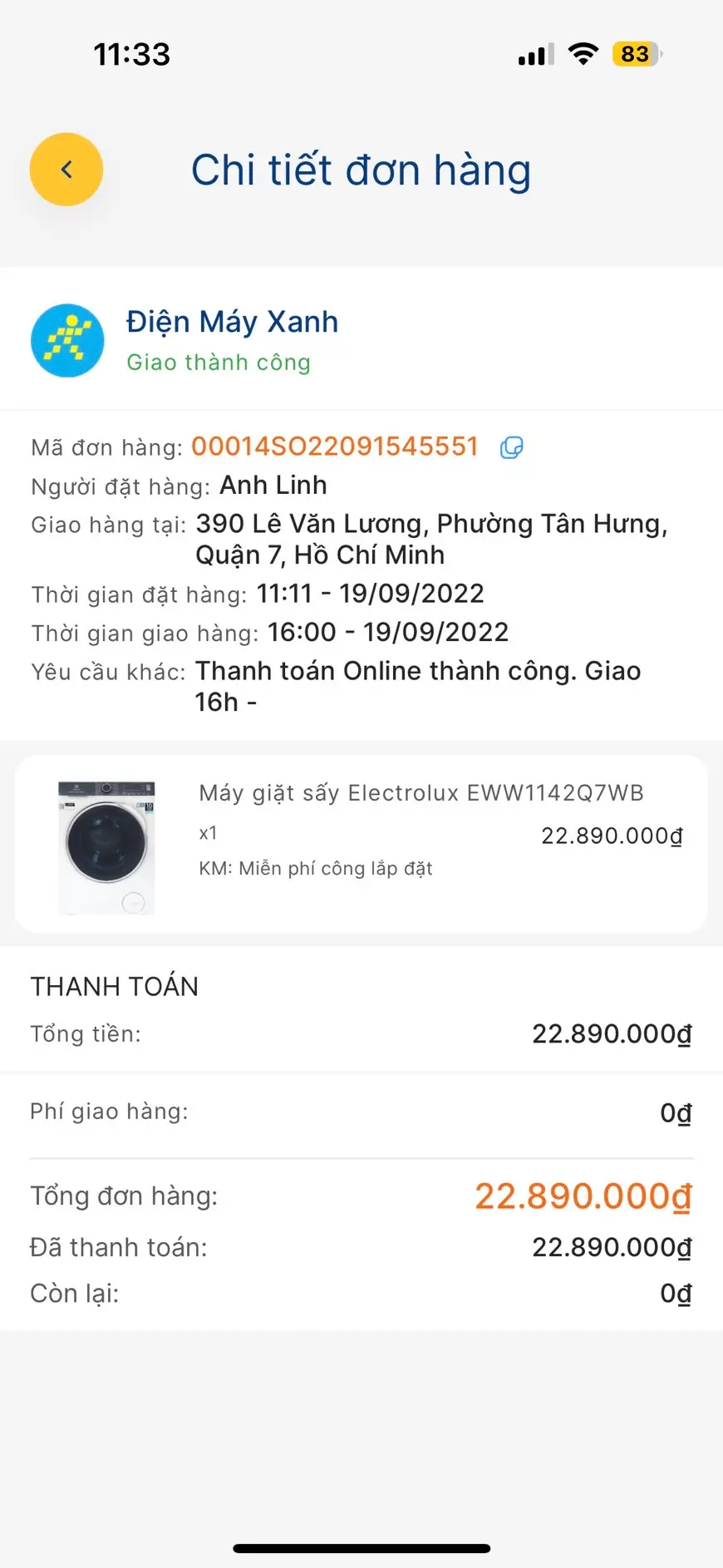 Khách hàng review Máy giặt sấy Electrolux UltimateCare 700 Inverter giặt 11 kg - sấy 7 kg EWW1142Q7WB 3