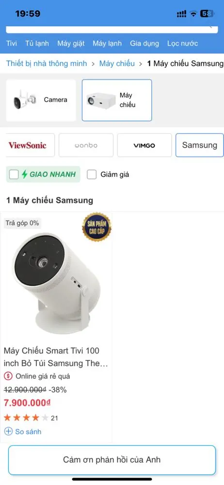 Khách hàng review Máy Chiếu Smart Tivi 100 inch Bỏ Túi Samsung The Freestyle SP-LSP3 1