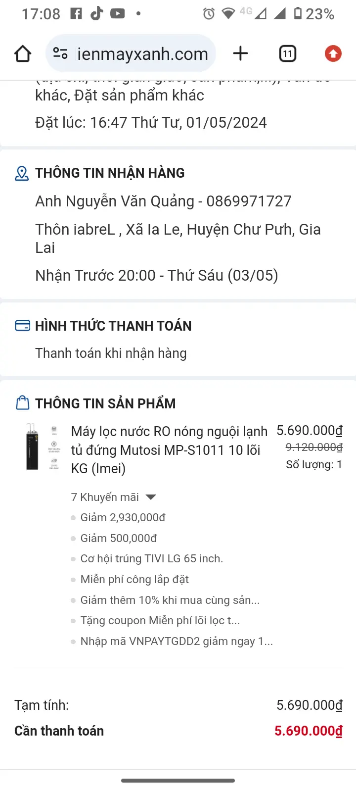 Khách hàng review Máy lọc nước RO nóng nguội lạnh Mutosi MP-S1011 10 lõi 8