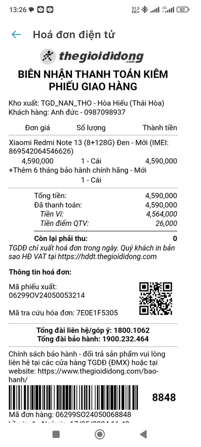 Khách hàng review Điện thoại Xiaomi Redmi Note 13 8GB/128GB 17