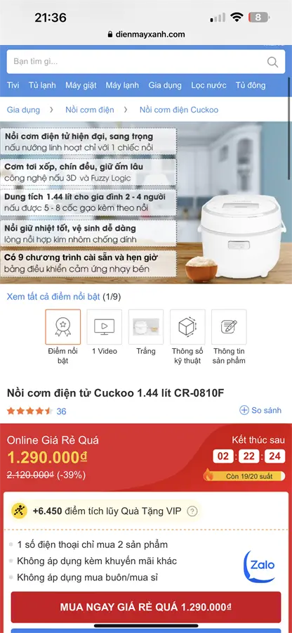 Khách hàng review Nồi cơm điện tử Cuckoo 1.44 lít CR-0810F 8