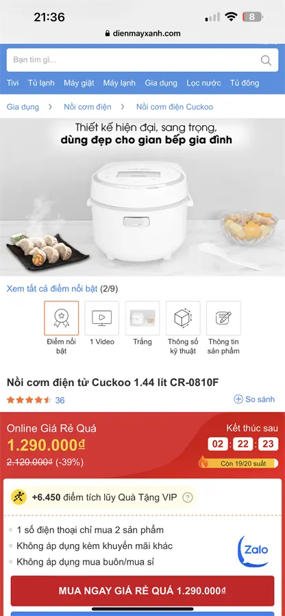 Khách hàng review Nồi cơm điện tử Cuckoo 1.44 lít CR-0810F 9