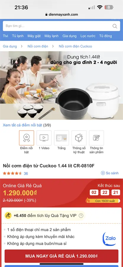 Khách hàng review Nồi cơm điện tử Cuckoo 1.44 lít CR-0810F 7