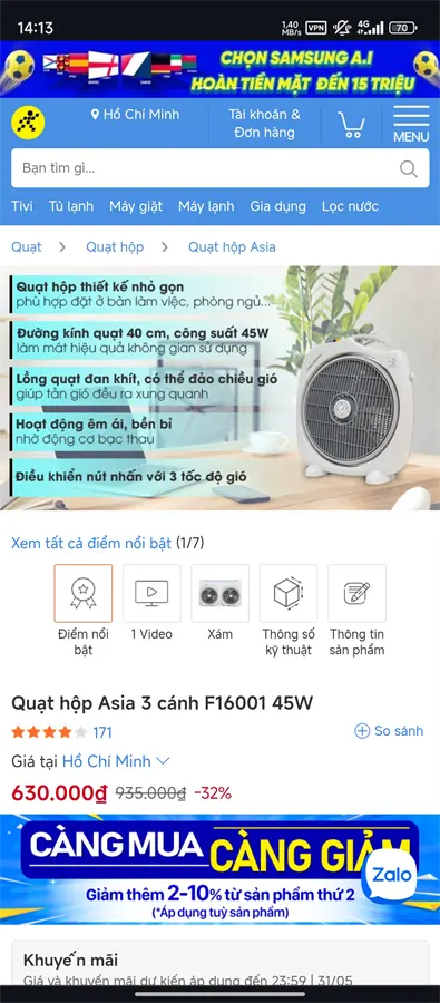 Khách hàng review Quạt hộp Asia 3 cánh F16001 45W 4