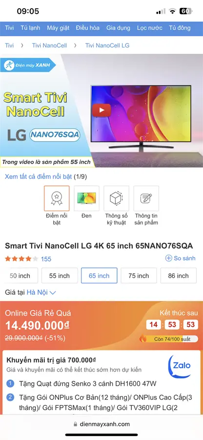 Khách hàng review Smart Tivi NanoCell LG AI 4K 65 inch 65NANO76SQA 2