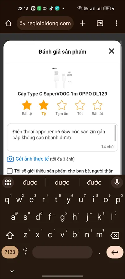 Khách hàng review Cáp sạc nhanh và truyền dữ liệu USB-A - Type-C 80W 1m OPPO DL129 1