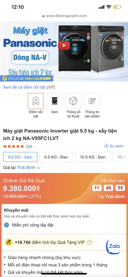 Khách hàng review Máy giặt Panasonic Inverter giặt 9.5 kg - sấy tiện ích 2 kg NA-V95FC1LVT 1