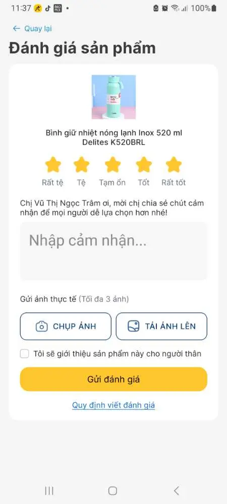 Khách hàng review Bình giữ nhiệt inox 520 ml Delites K520BRL 1