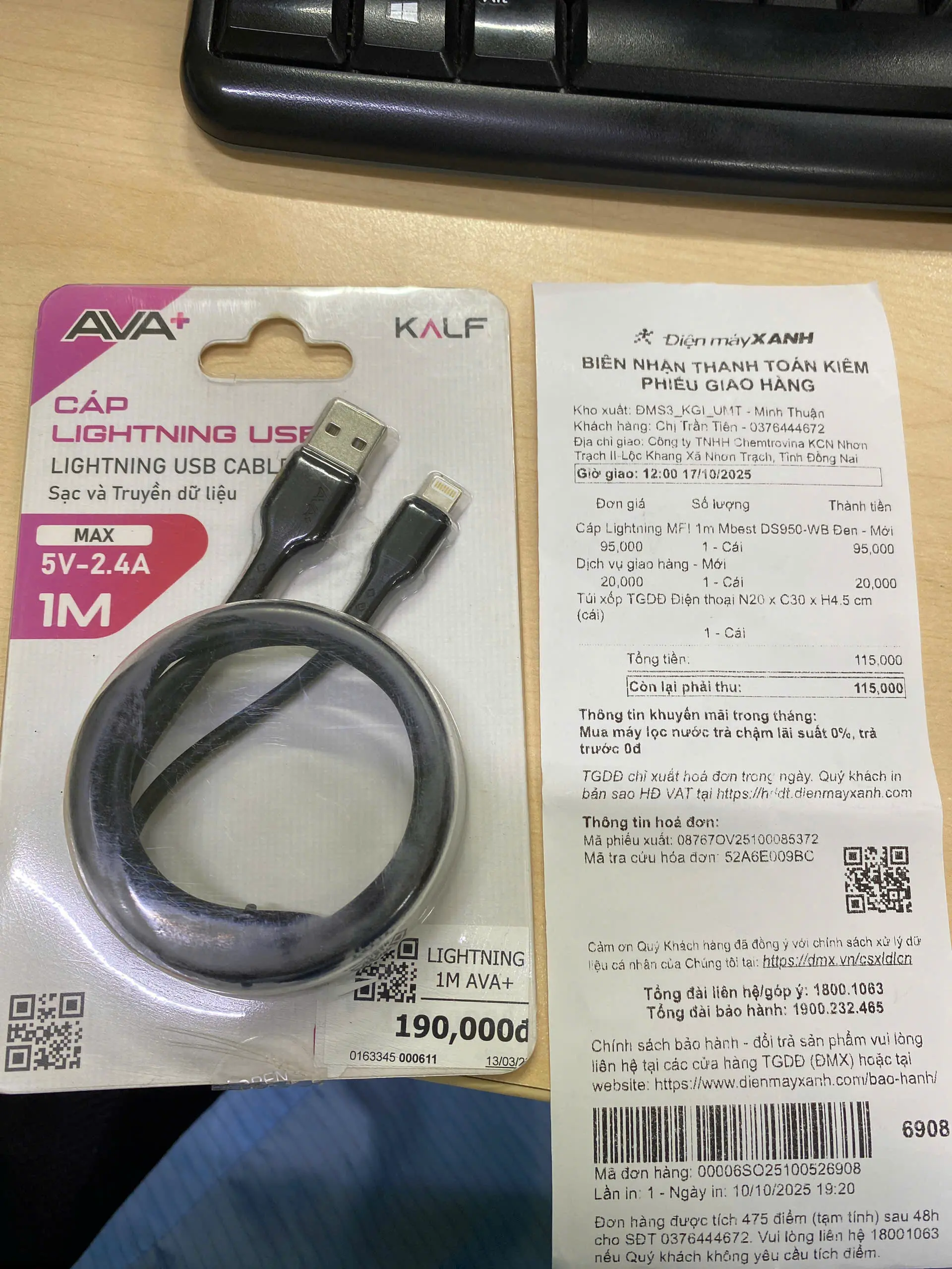Khách hàng review Cáp sạc và truyền dữ liệu USB-A - Lightning 12W 1m Mbest DS950-WB 1