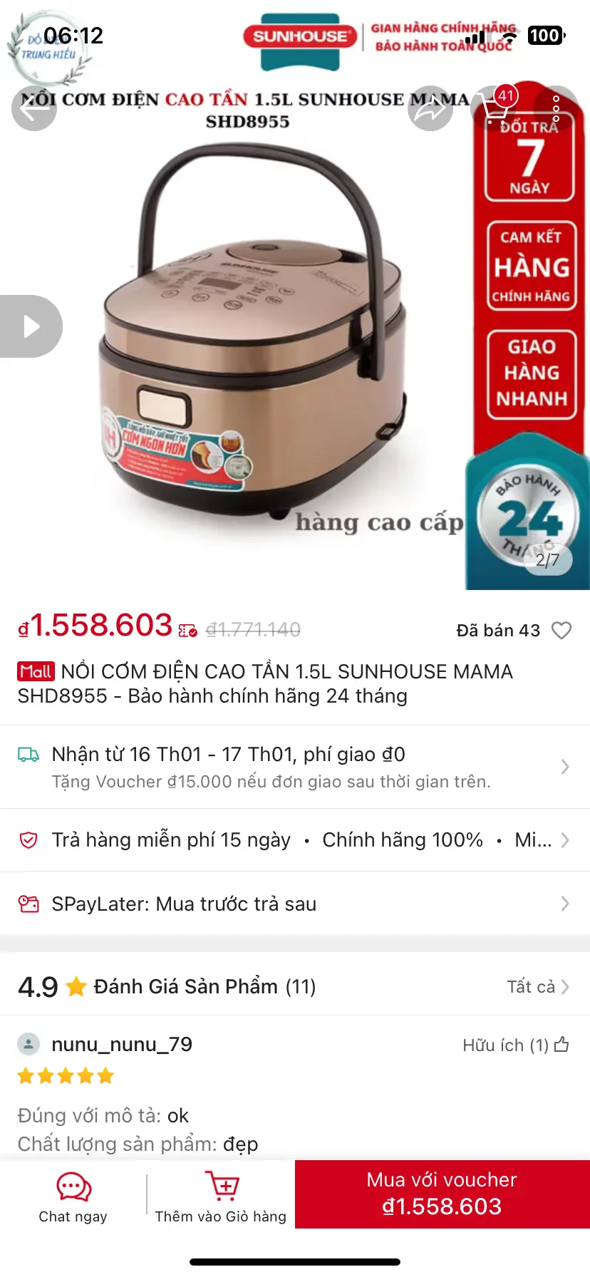 Khách hàng review Nồi cơm cao tần Sunhouse Mama 1.5 lít SHD8955 1
