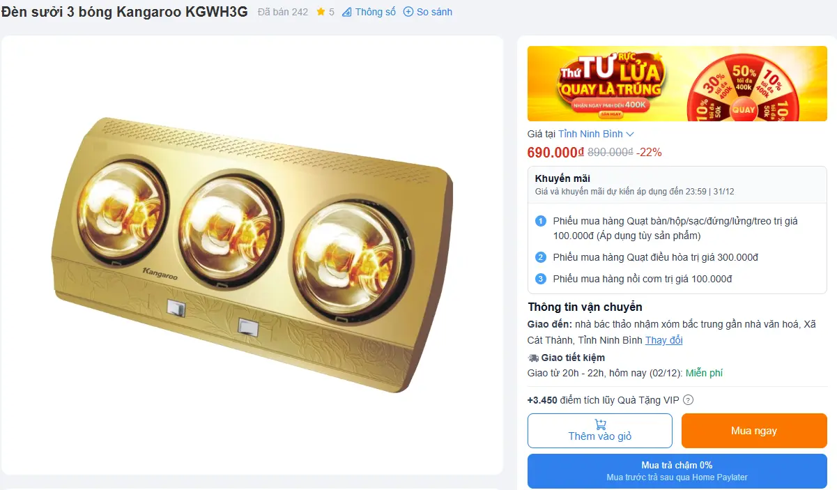 Khách hàng review Đèn sưởi 3 bóng Kangaroo KGWH3G 3