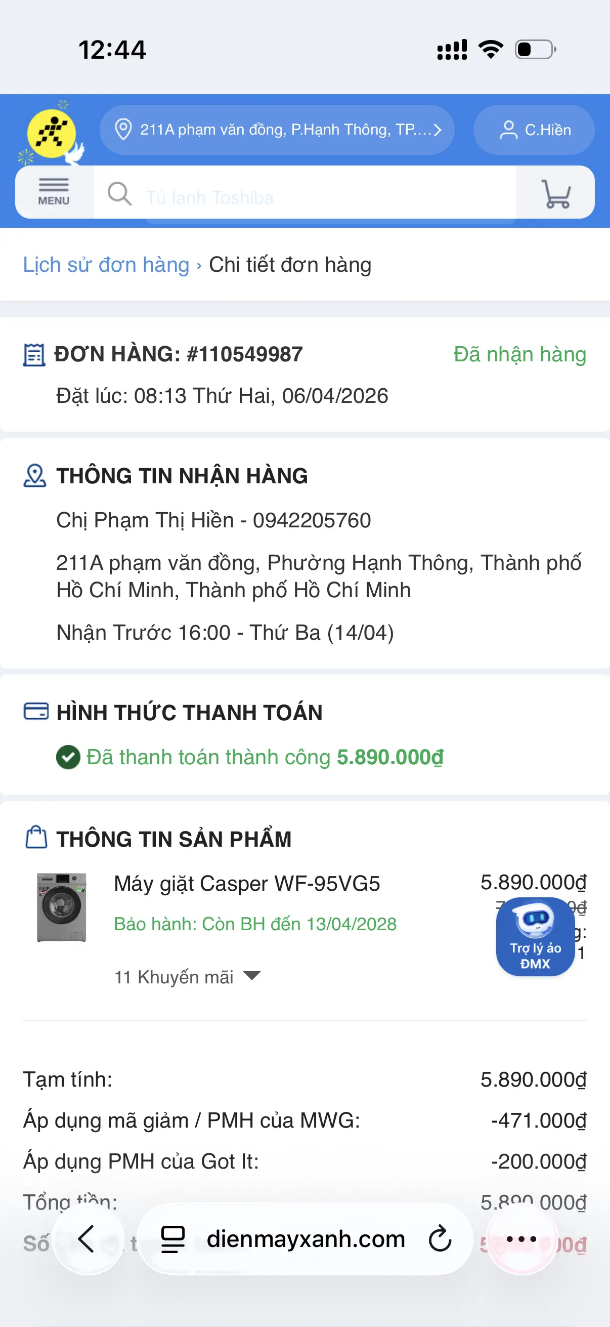 Khách hàng review Máy giặt Casper Inverter 9.5 kg WF-95VG5 3