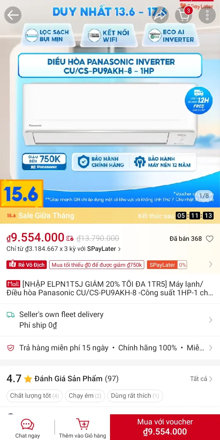 Khách hàng review Máy lạnh Panasonic Inverter 1 HP CU/CS-PU9AKH-8 8