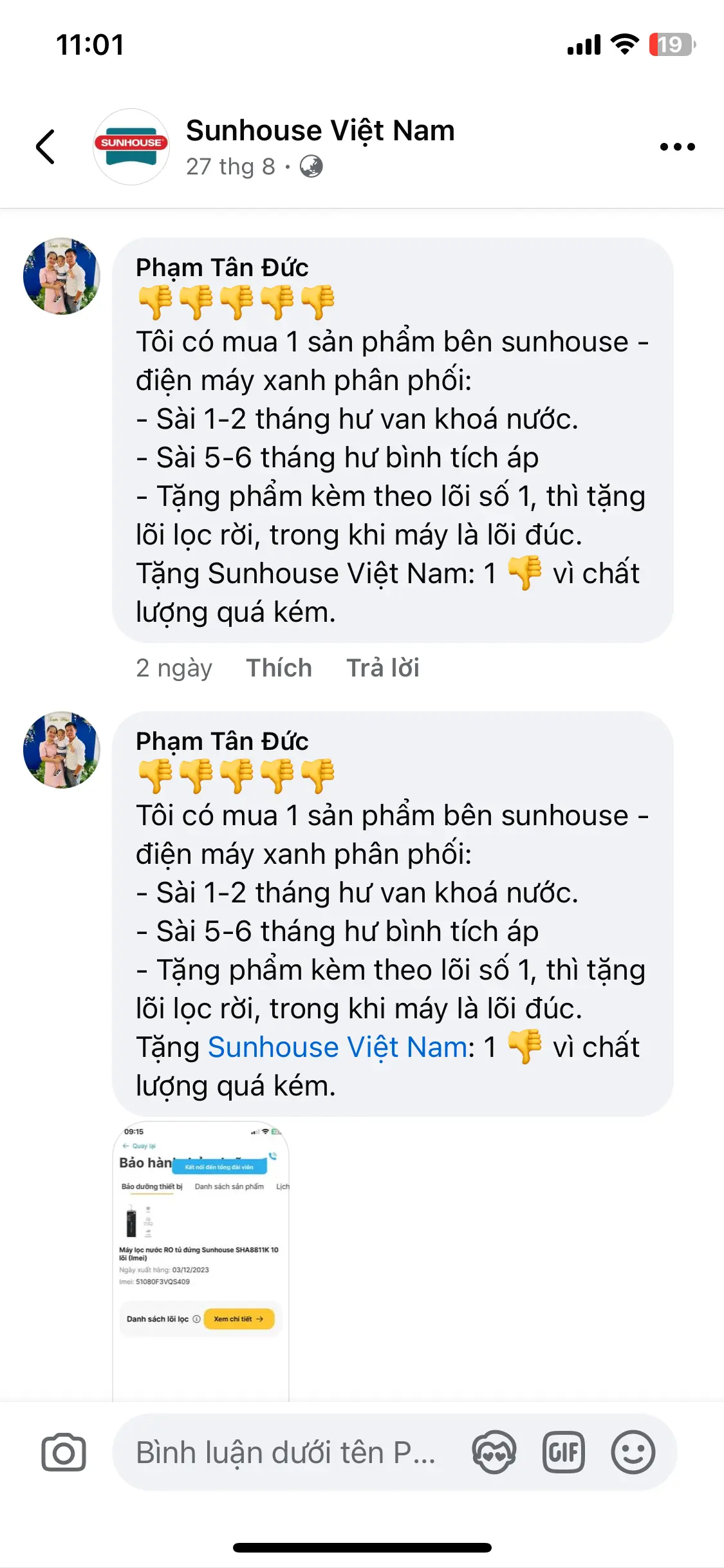 Khách hàng review Máy lọc nước RO Sunhouse UltraPURE SHA8811K 10 lõi 1