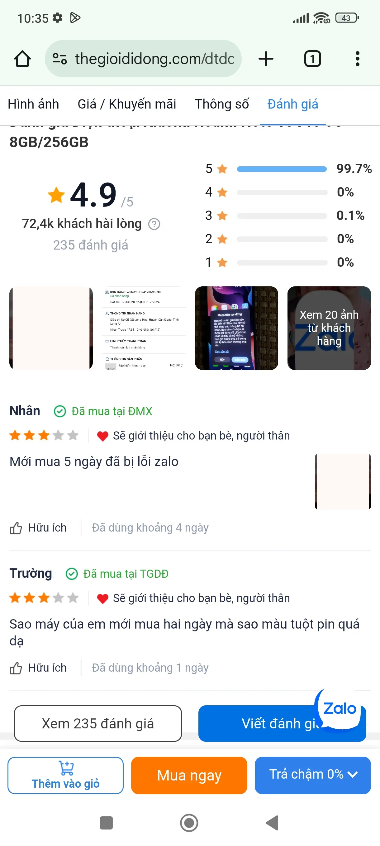 Khách hàng review Điện thoại Xiaomi Redmi Note 13 Pro 5G 8GB/256GB 9