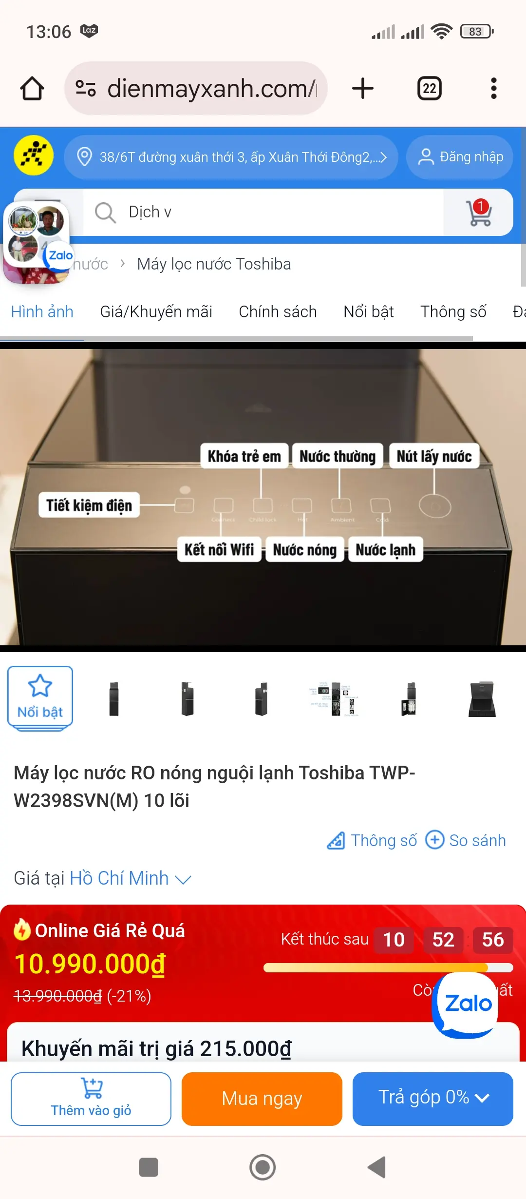 Khách hàng review Máy lọc nước RO nóng nguội lạnh Hydrogen Toshiba TWP-W2398SVN(M) 10 lõi 1