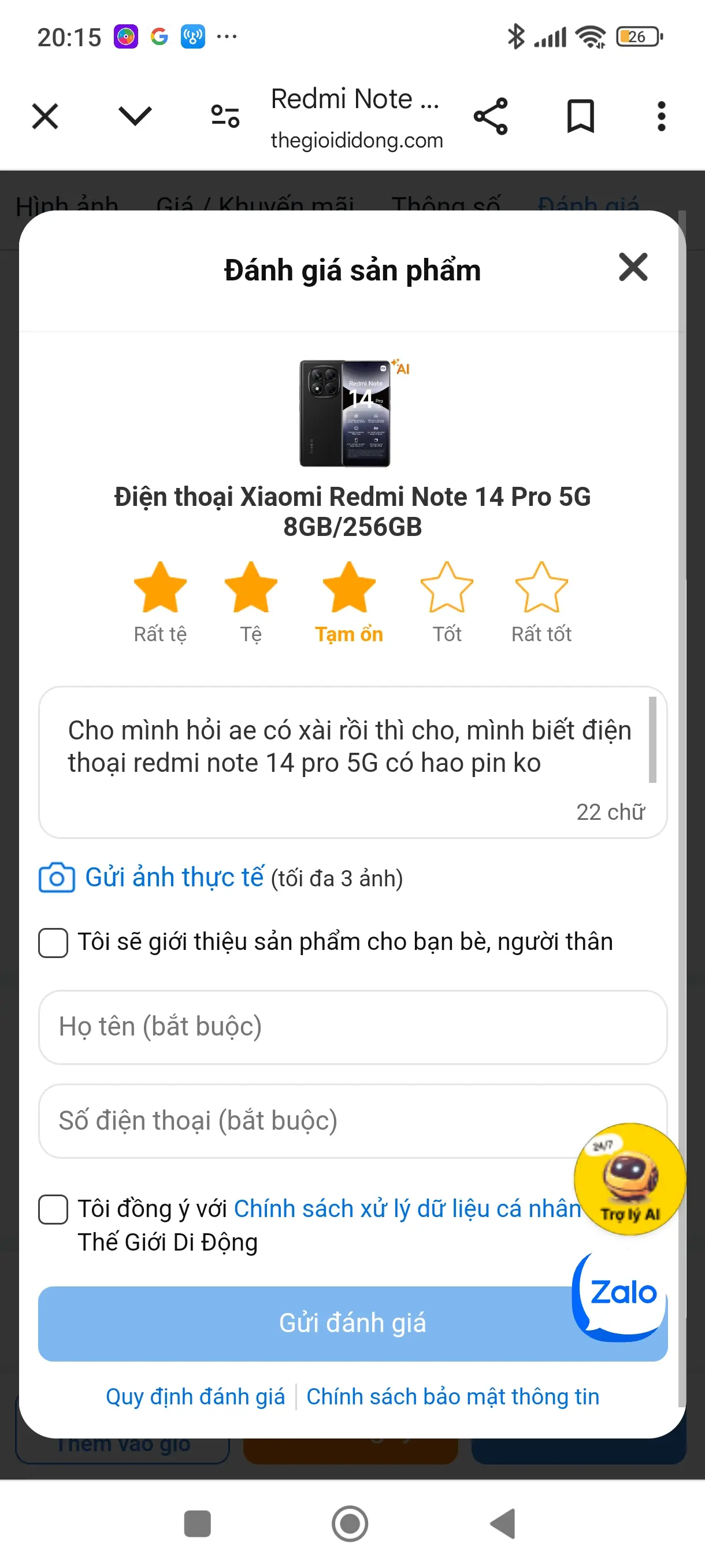 Khách hàng review Điện thoại Xiaomi Redmi Note 14 Pro 5G 8GB/256GB 8