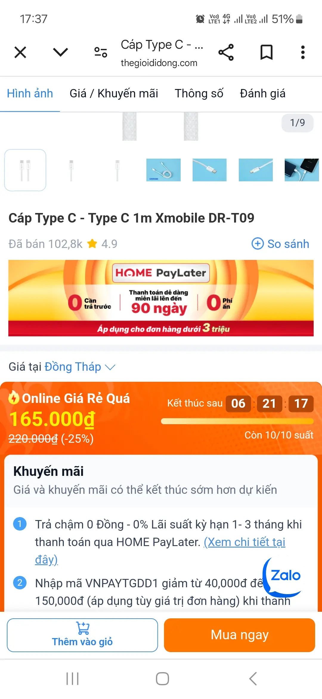 Khách hàng review Cáp sạc nhanh và truyền dữ liệu Type-C - Type-C 60W 1m Xmobile DR-T09 1