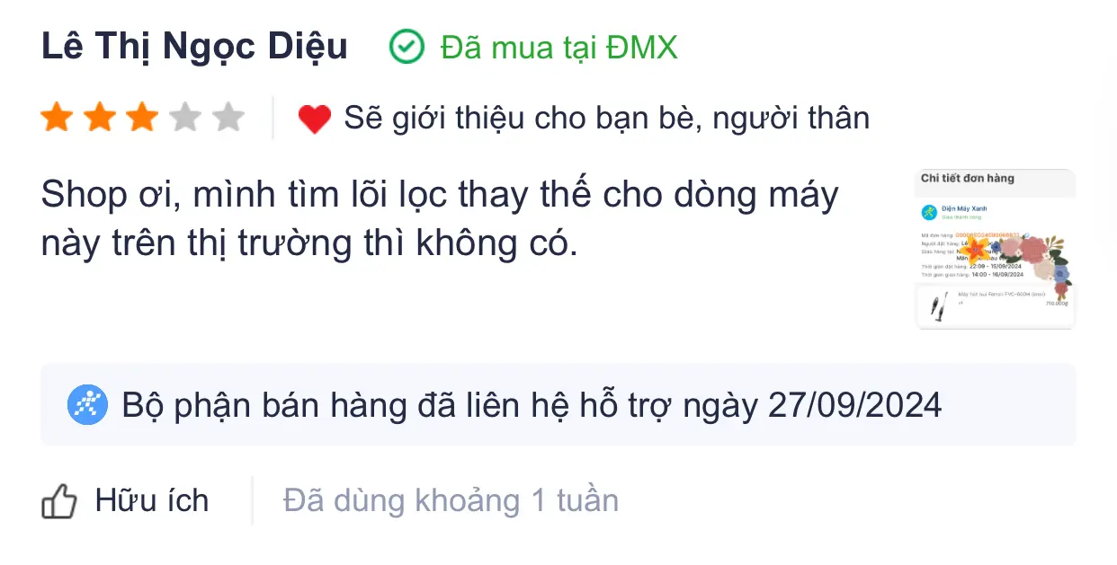 Khách hàng review Máy hút bụi cầm tay Ferroli FVC-600H 1