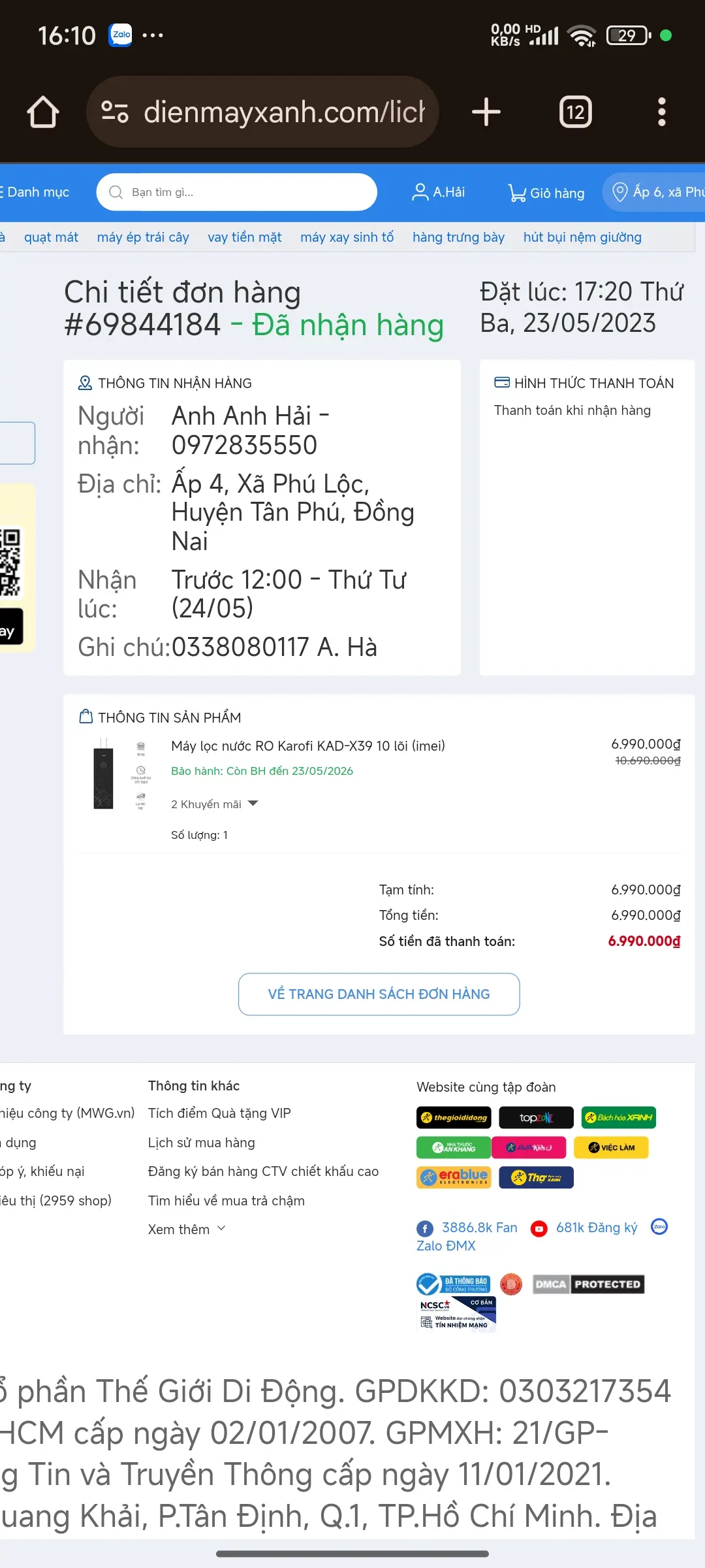 Khách hàng review Máy lọc nước RO nóng nguội lạnh Hydrogen Karofi KAD-X39 10 lõi 4