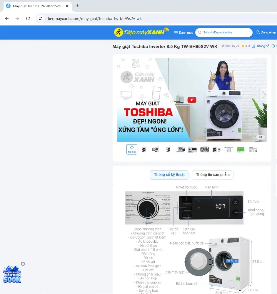 Khách hàng review Máy giặt Toshiba Inverter 8.5 Kg TW-BH95S2V WK 1