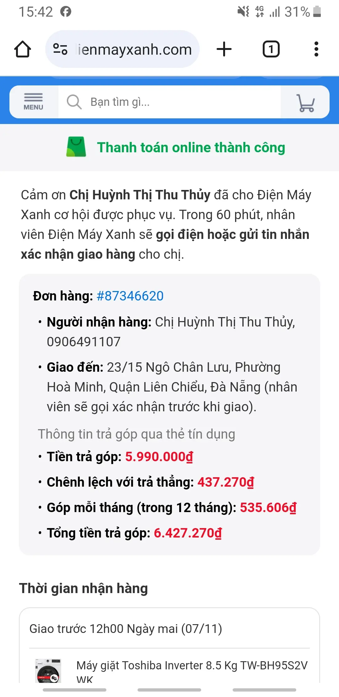 Khách hàng review Máy giặt Toshiba Inverter 8.5 Kg TW-BH95S2V WK 3