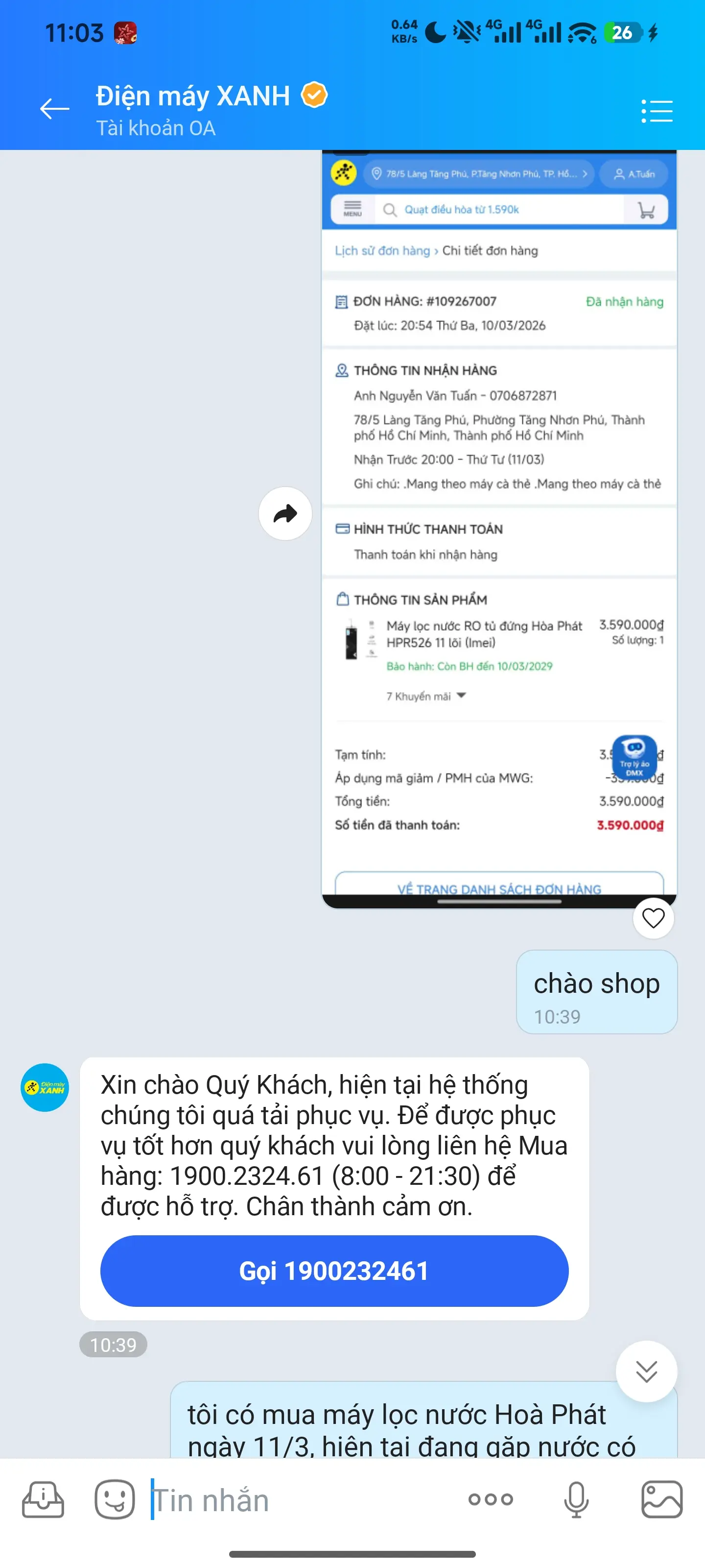 Khách hàng review Máy lọc nước RO Hydrogen Hòa Phát HPR526 11 lõi 1