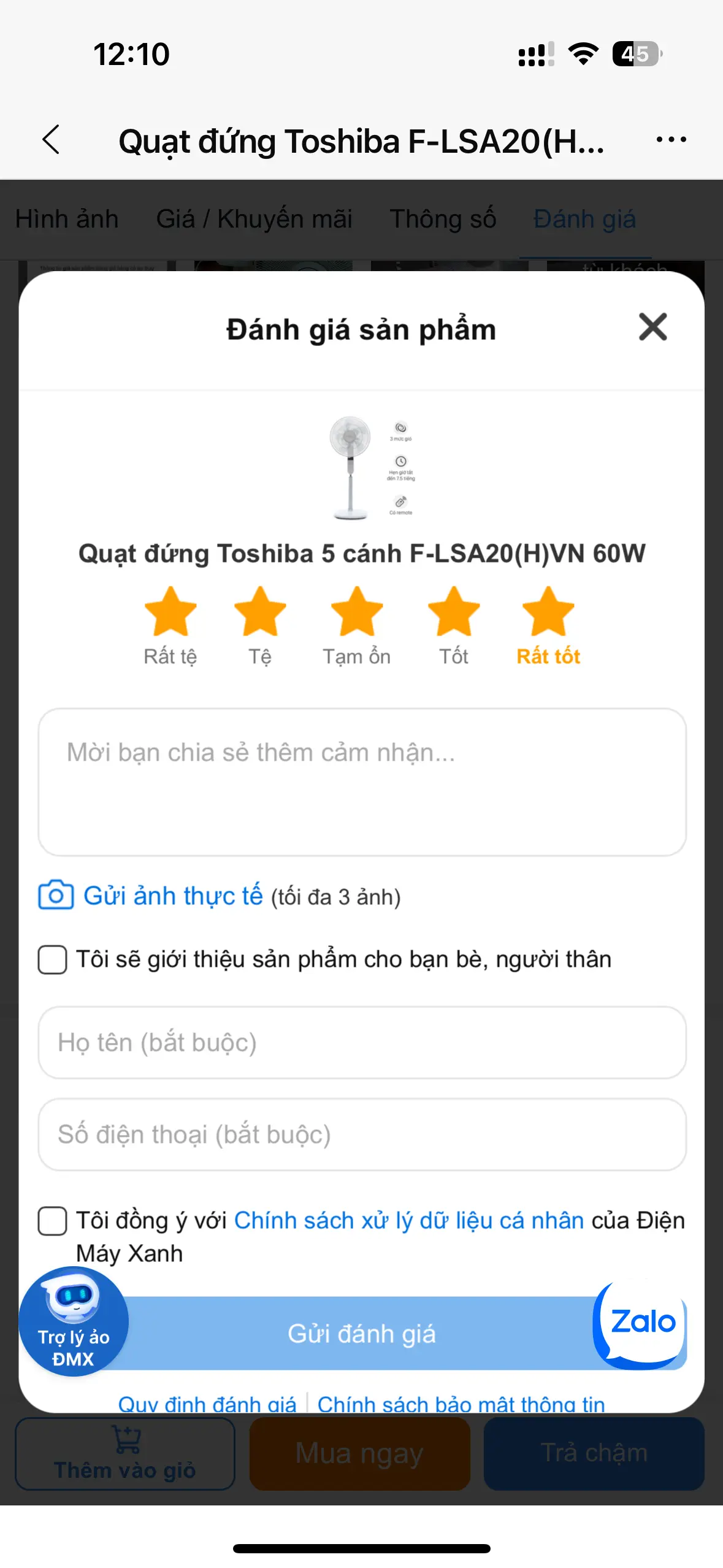 Khách hàng review Quạt đứng Toshiba 5 cánh F-LSA20(H)VN 60W 2
