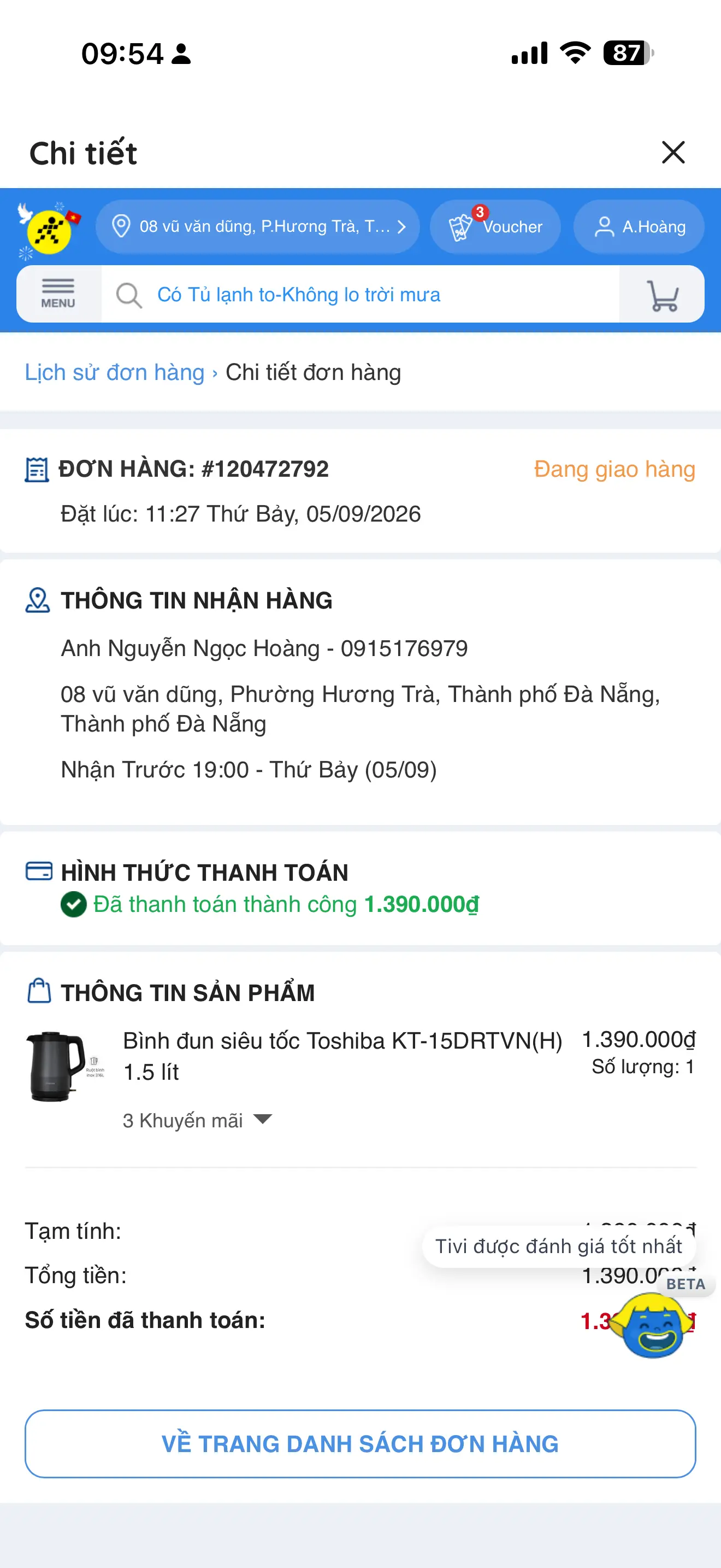 Khách hàng review Bình đun siêu tốc Toshiba 1.5 lít KT-15DRTVN(H) 1