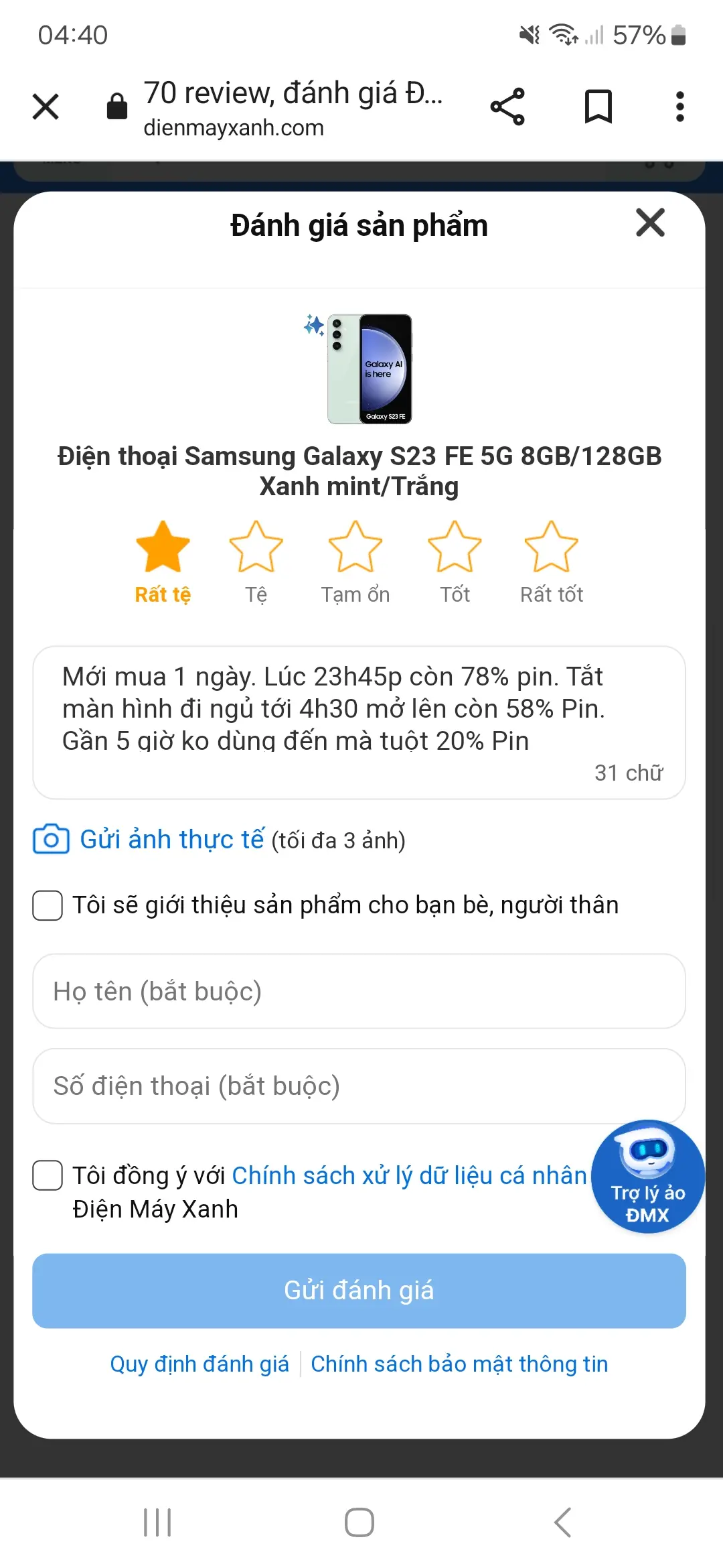Khách hàng review Điện thoại Samsung Galaxy S23 FE 5G 8GB/128GB Xanh mint/Trắng 4