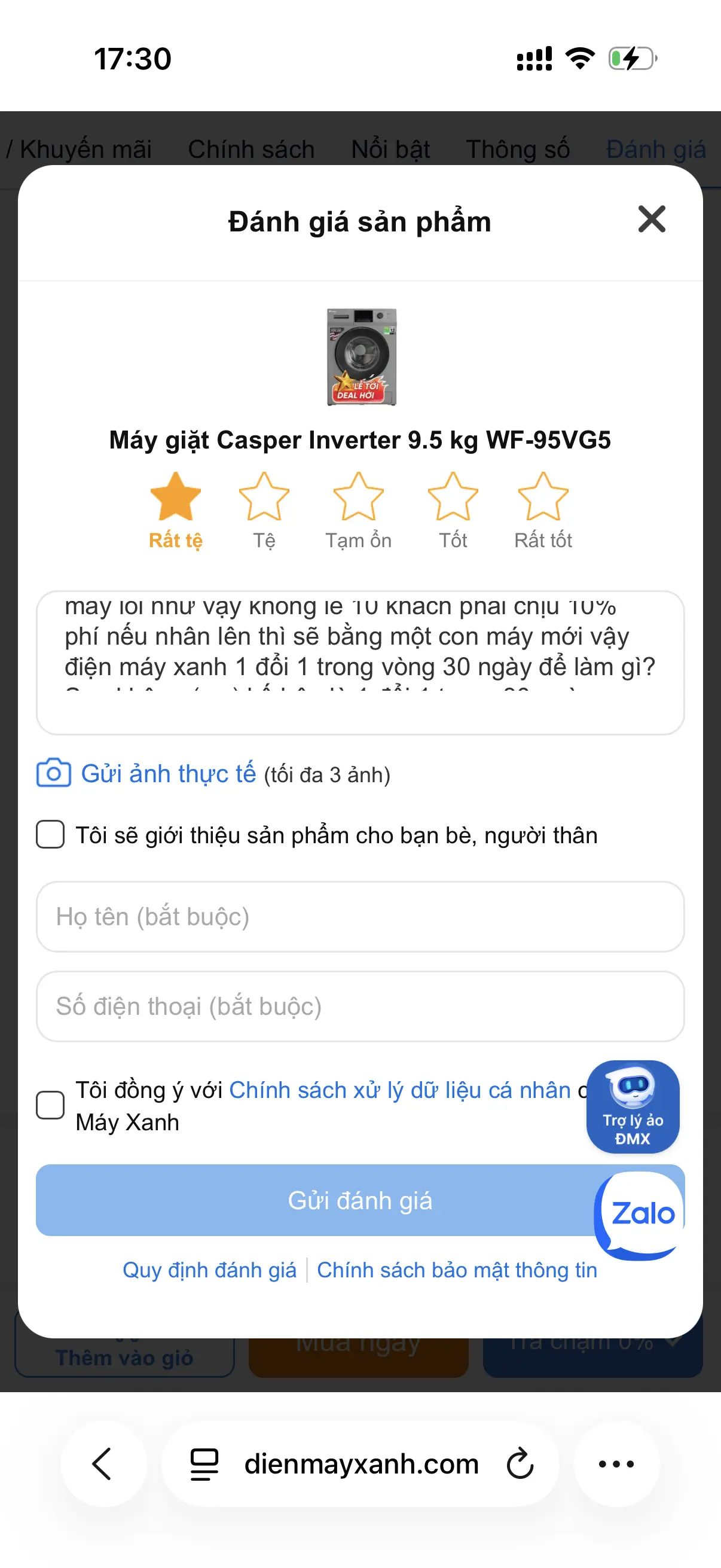 Khách hàng review Máy giặt Casper Inverter 9.5 kg WF-95VG5 1
