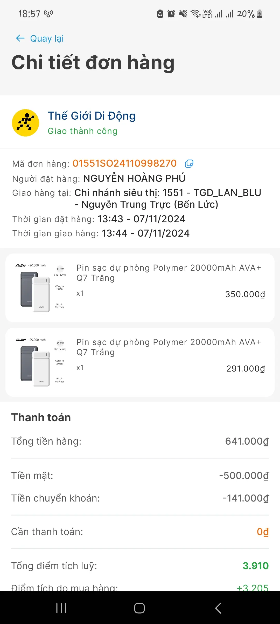 Khách hàng review Pin sạc dự phòng Polymer 20000mAh 10.5W AVA  Q7 4
